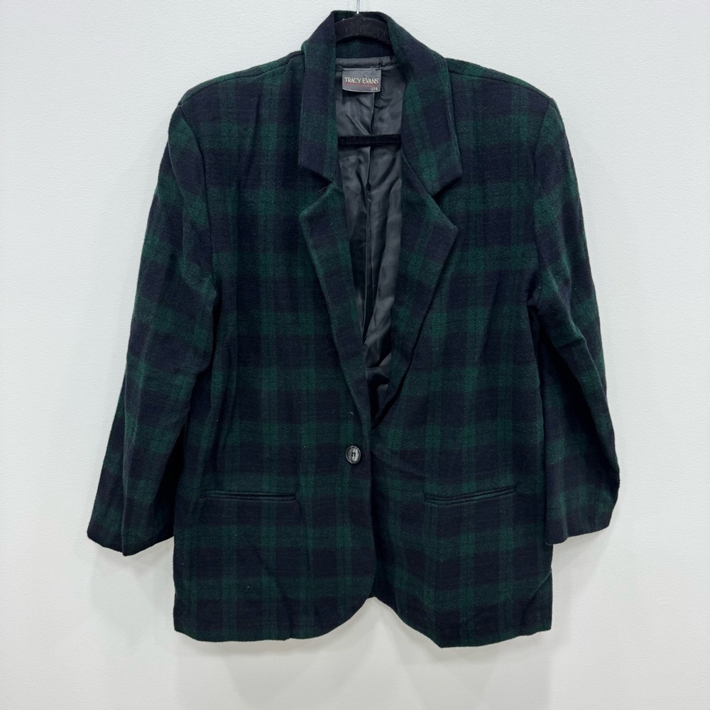 Vintage 80s Tracy Evans Wool Blend Blackwatch Plaid Preppy Retro Blazer Sz Lg